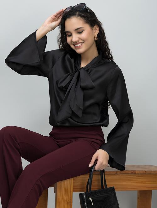 women solid tie-up neck bell sleeves regular top - 21885934 - Standard Image - 0