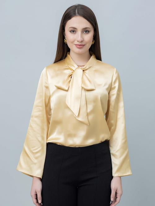 women solid tie-up neck bell sleeves top - 21885935 -  Standard Image - 0