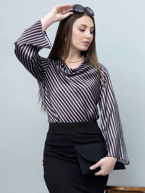 women striped cowl neck bell sleeves top - 21885939 - Standard Image - 0