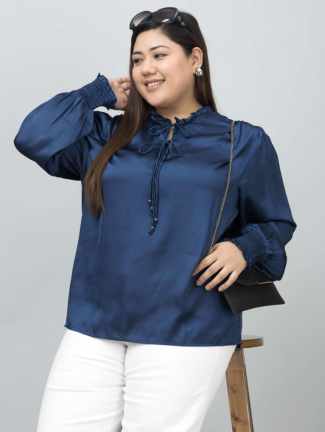 women plus size tie-up neck long sleeves top