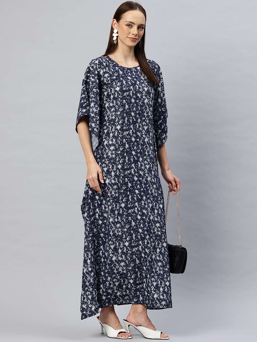 women printed round neck kaftan dress