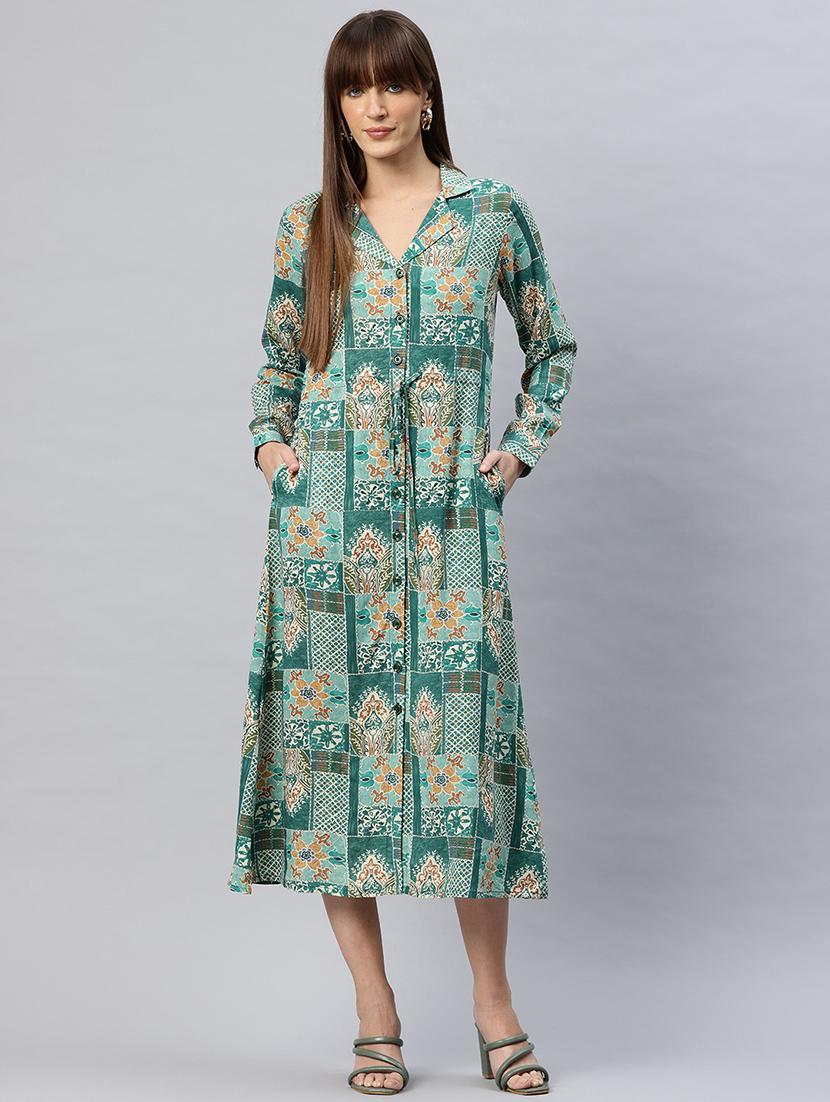 women printed lapel neck shirt dress - 21887815 -  Standard Image - 1