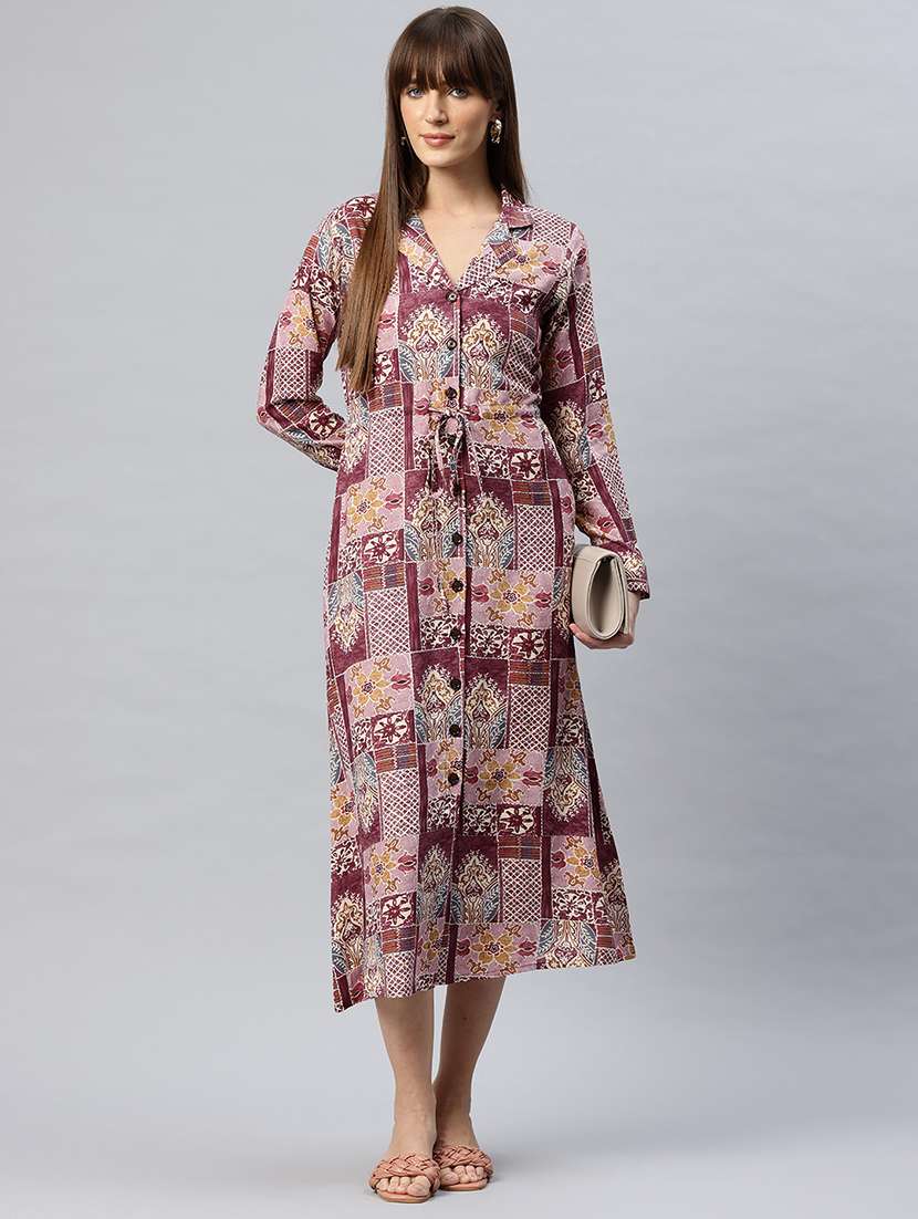 women printed lapel neck shirt dress