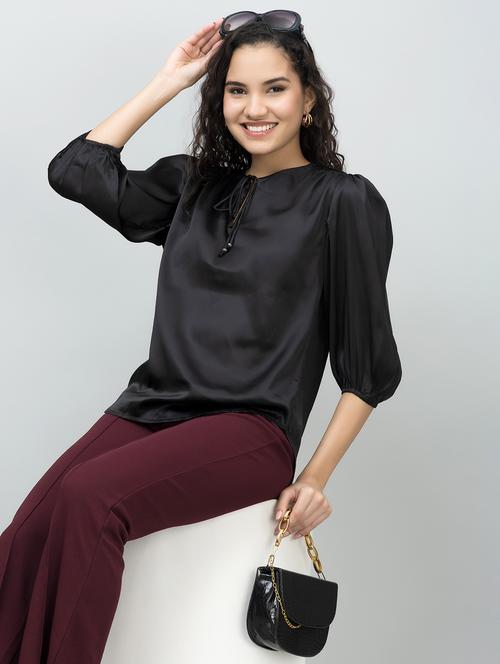 women solid tie-up neck puff sleeves top - 21888287 - Standard Image - 0