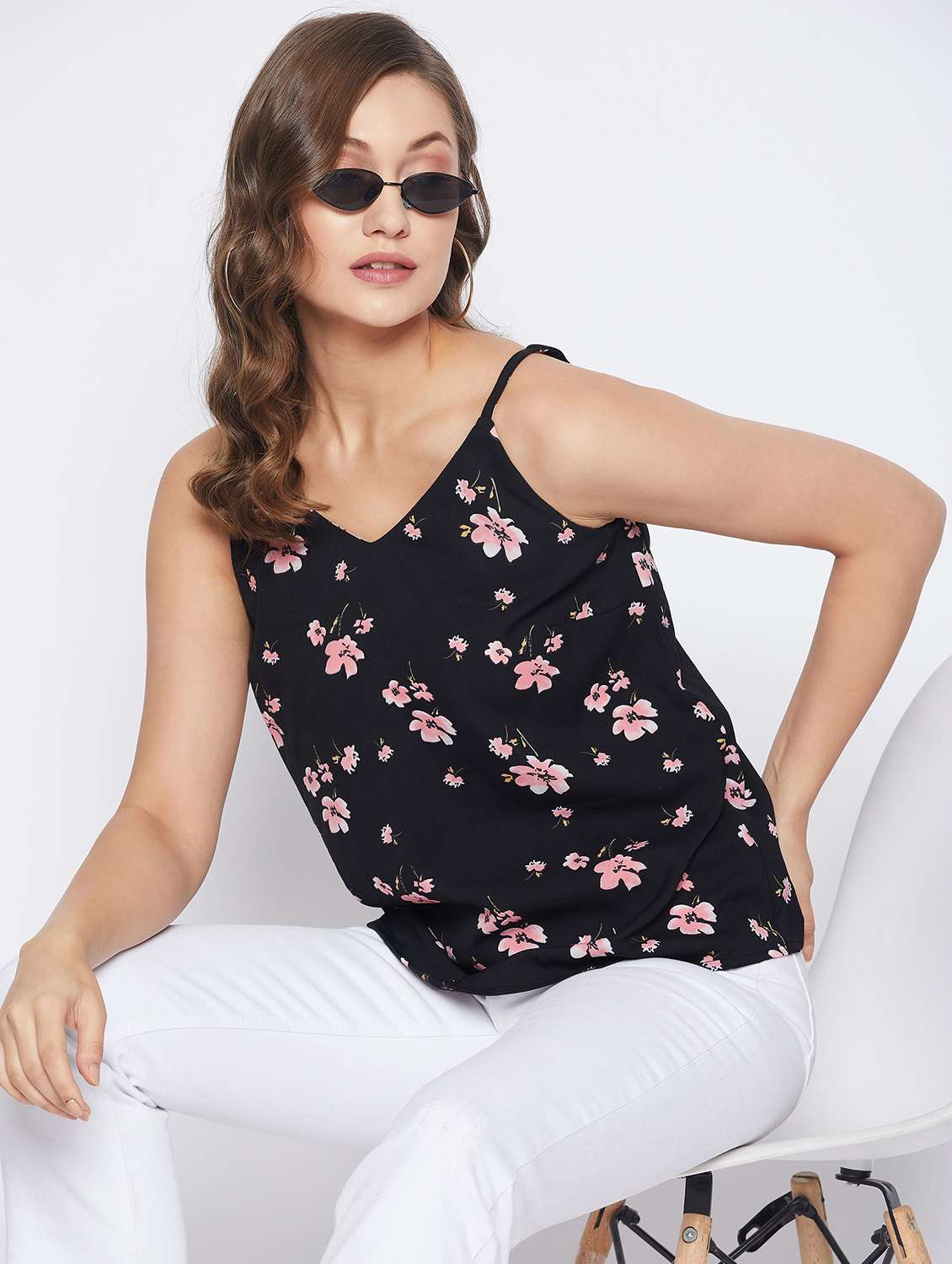 women floral print shoulder strap top