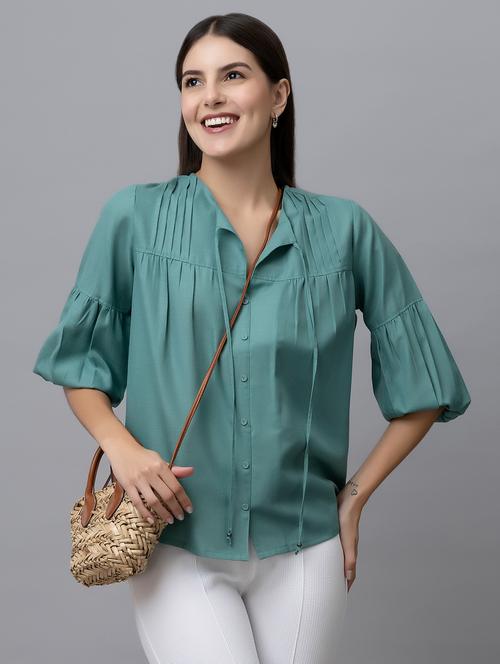 women solid tie-up neck long sleeves top - 21888300 -  Standard Image - 0