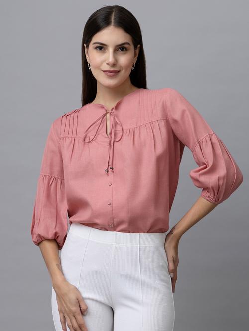 women solid tie-up neck long sleeves top - 21888302 -  Standard Image - 0