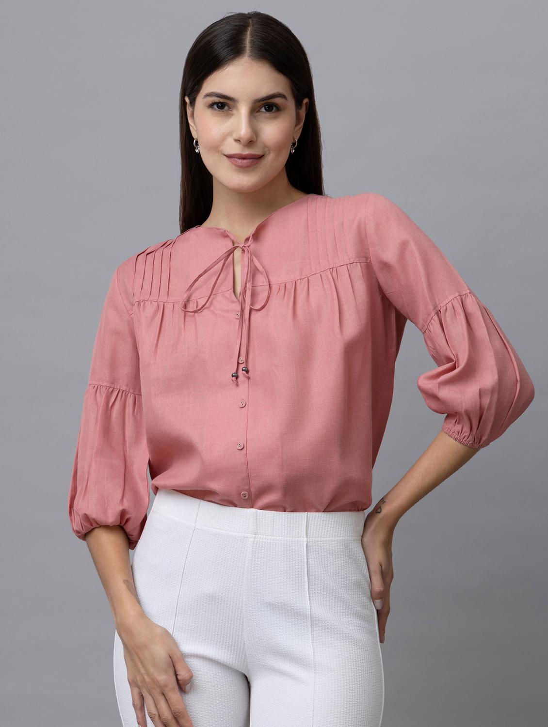 women solid tie-up neck long sleeves top - 21888302 -  Zoom Image - 0