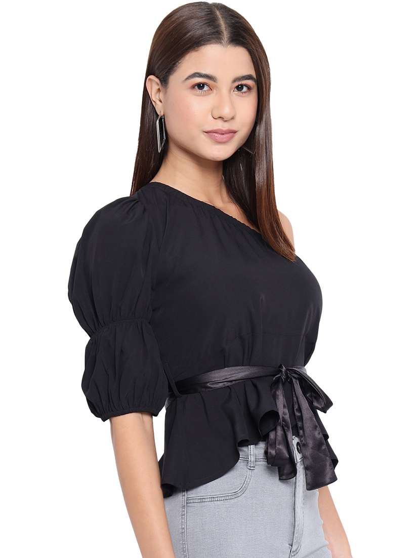 women solid single shoulder asymmetric top - 21898926 -  Standard Image - 1