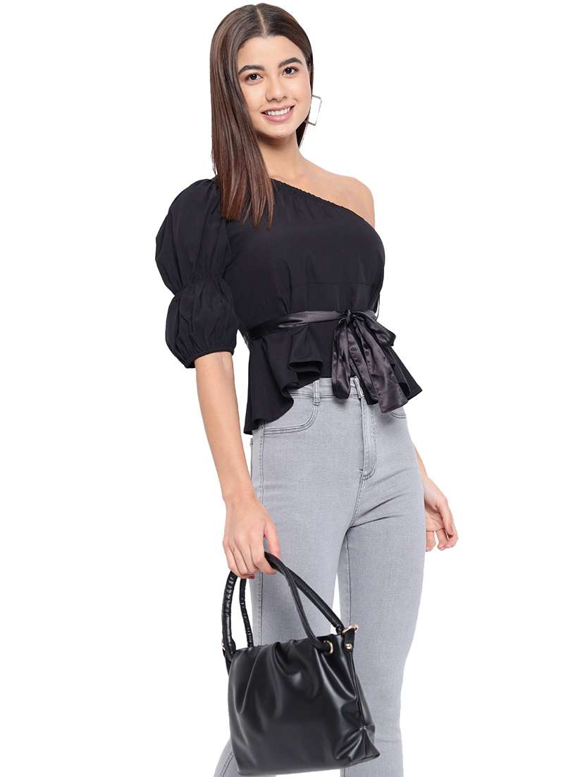 women solid single shoulder asymmetric top - 21898926 -  Standard Image - 4