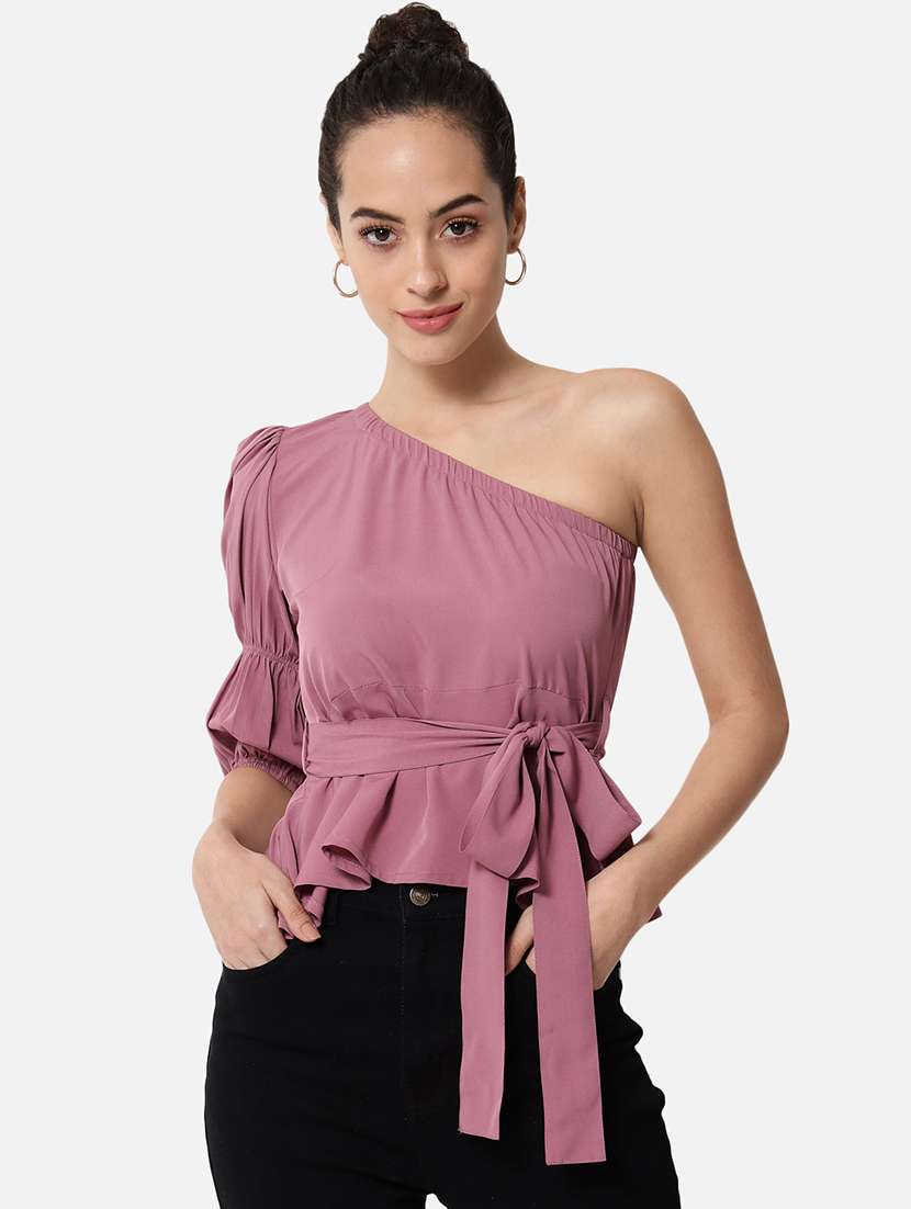 women solid single shoulder asymmetric top