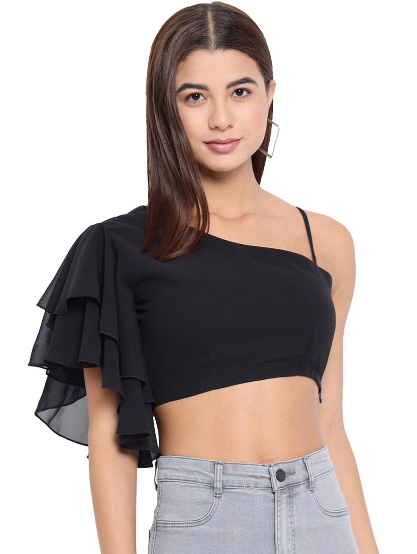 women solid single shoulder crop top - 21898931 -  Standard Image - 1