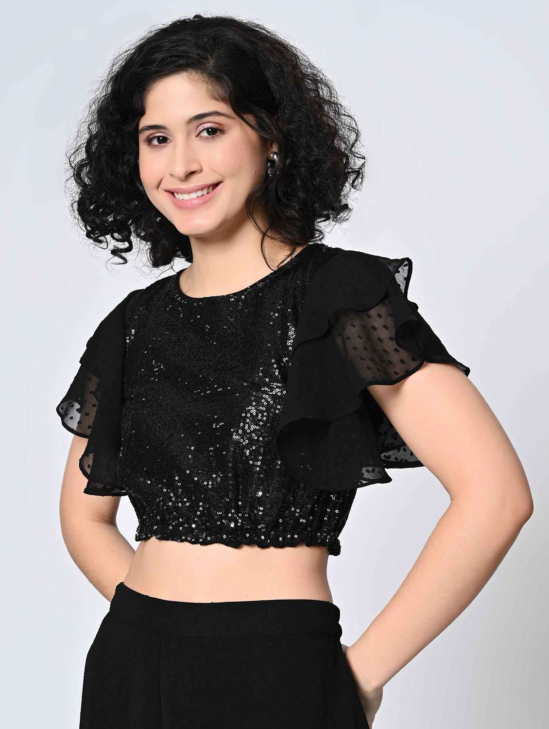 women sequined ruffle sleeves crop top - 21898939 -  Standard Image - 1