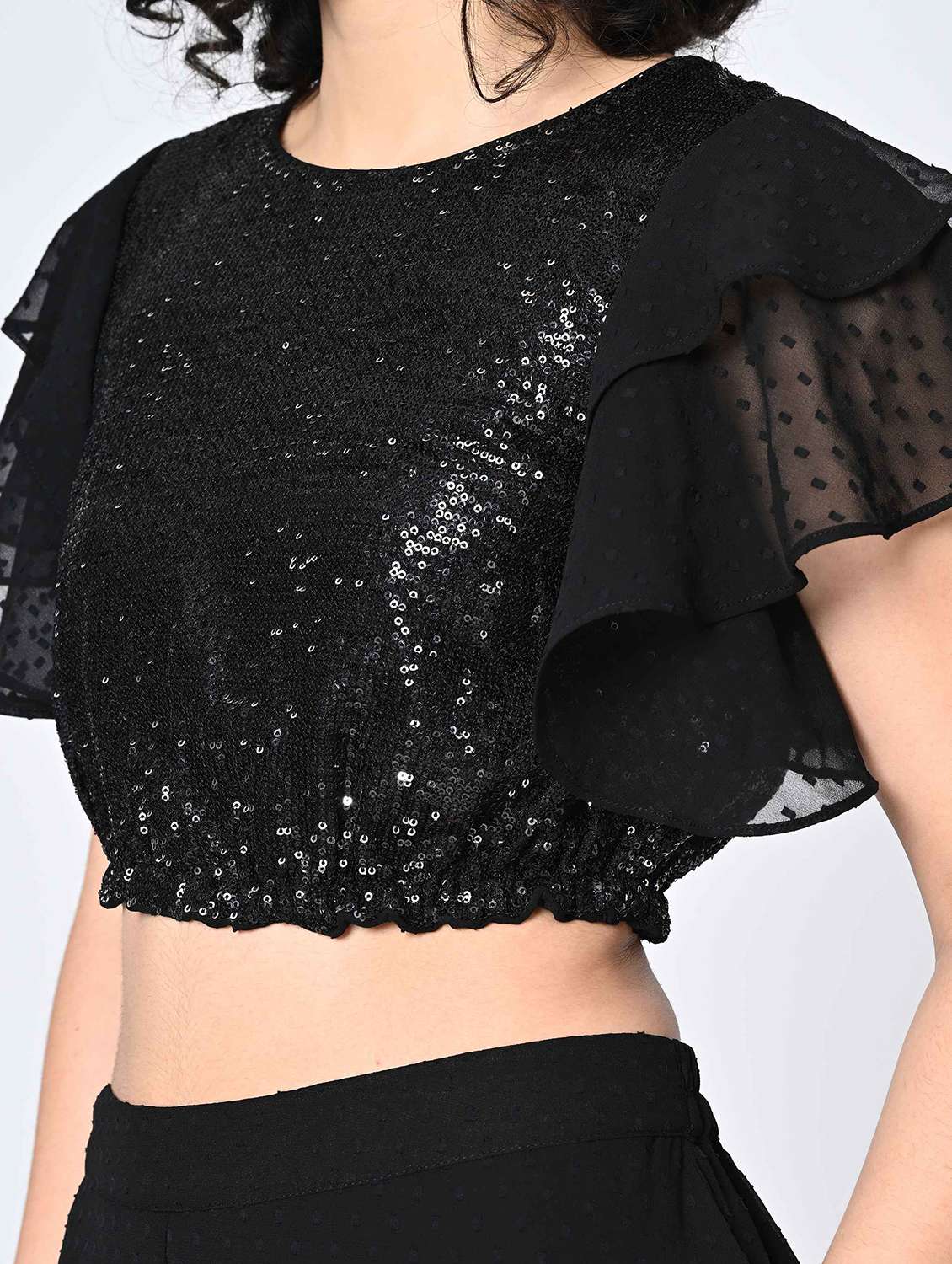 women sequined ruffle sleeves crop top - 21898939 - Standard Image - 4