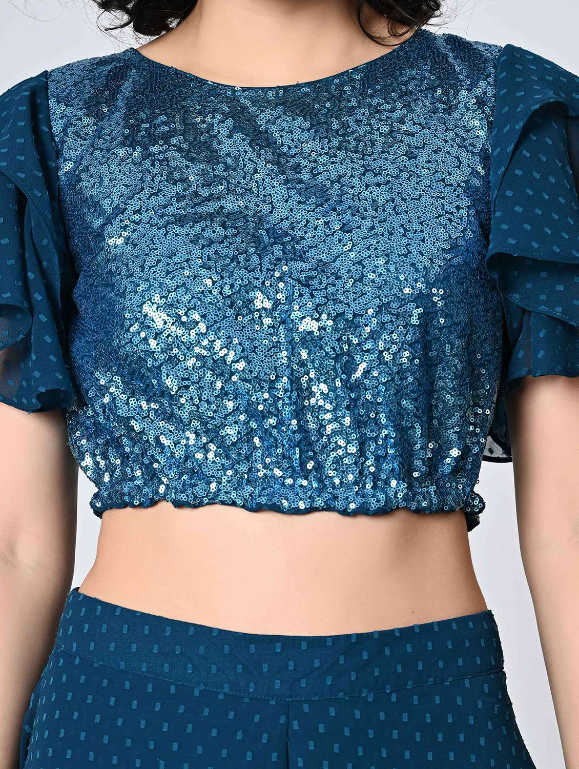 women embellished ruffled sleeves crop top - 21898940 -  Standard Image - 4