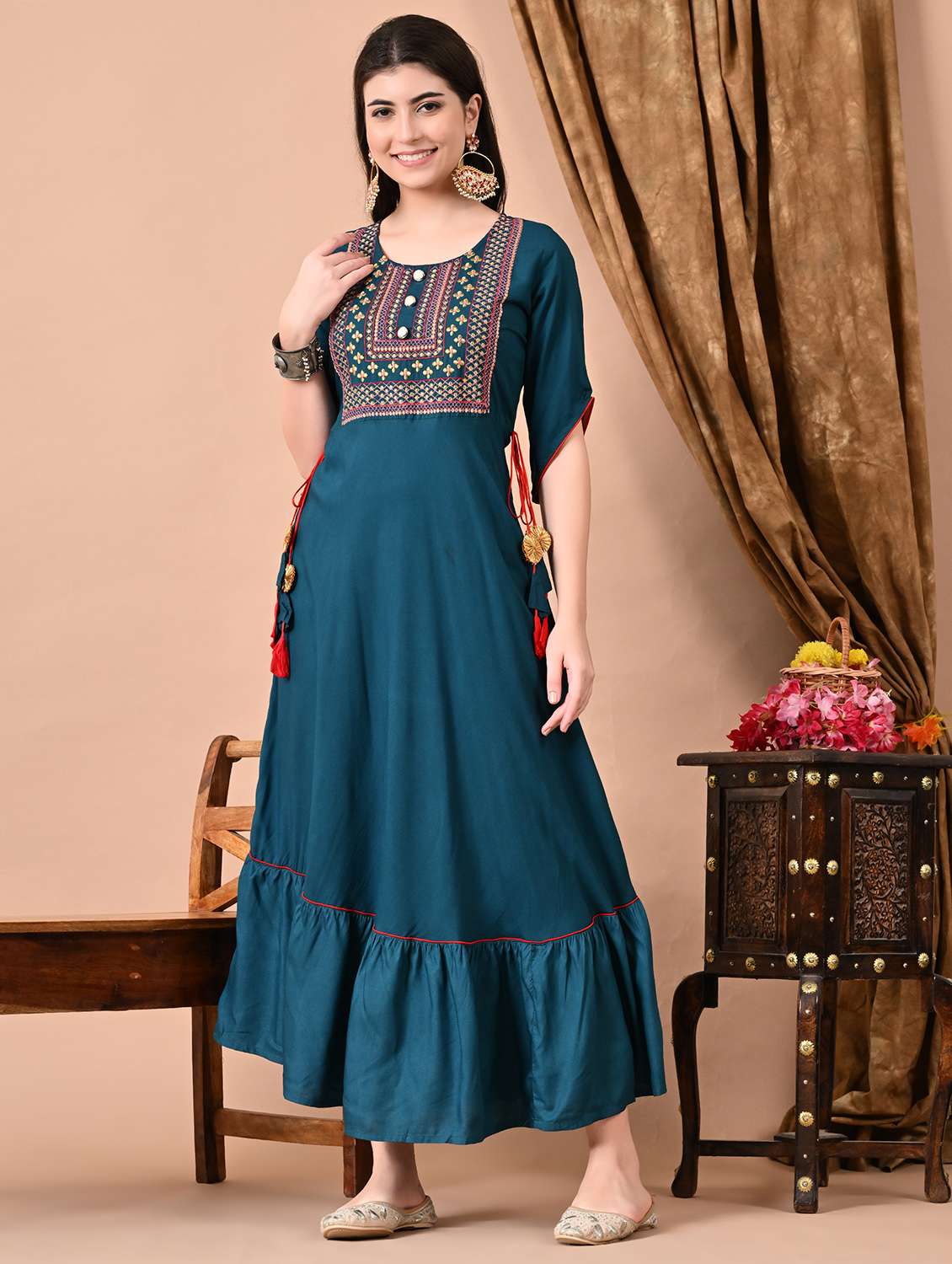 Women Embroidered Short Sleeve Tiered Ethnic Dress