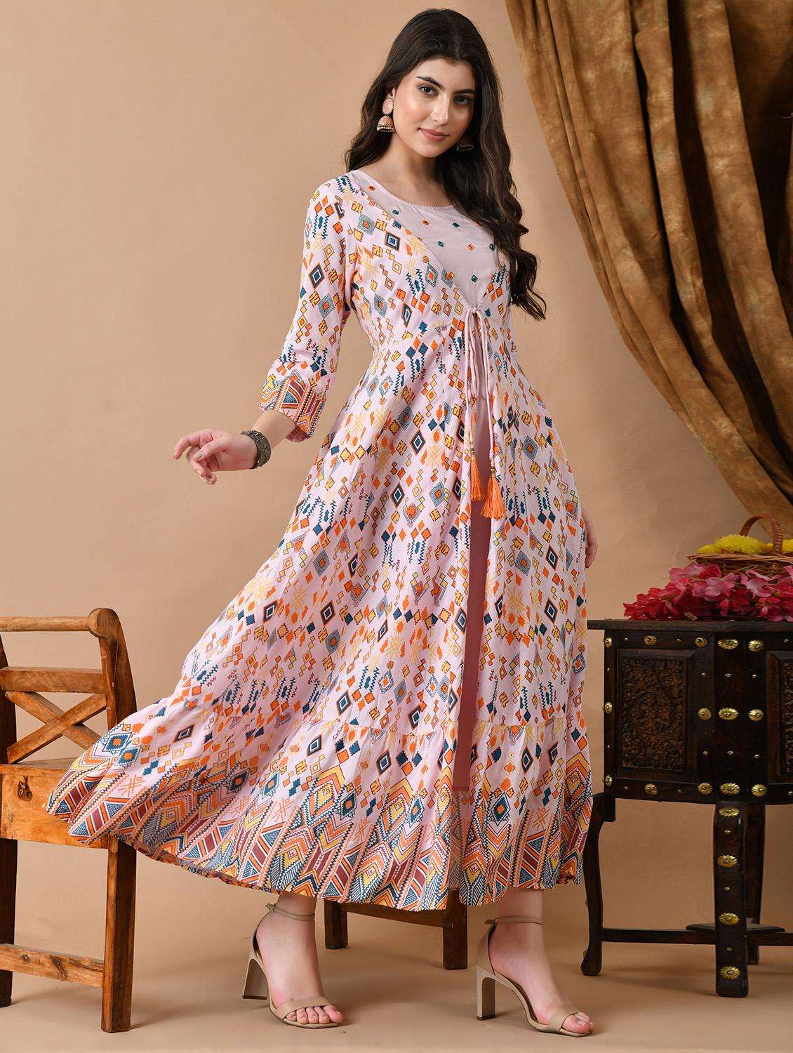 women printed three quarter sleeve ethnic dress - 21899000 -  Standard Image - 4