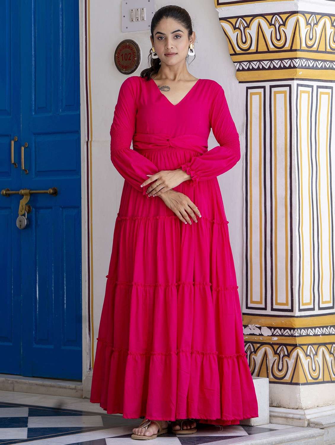 women pink solid long sleeve tiered maxi dress