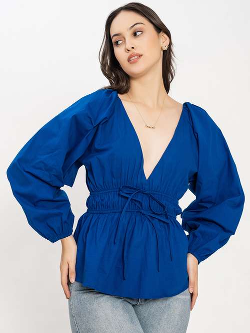 women solid puff sleeves peplum top - 21899012 -  Standard Image - 0