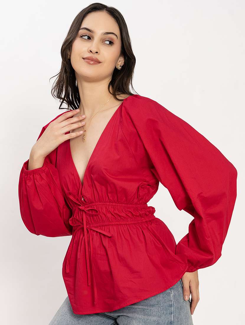 women solid puff sleeves peplum top - 21899013 - Standard Image - 1