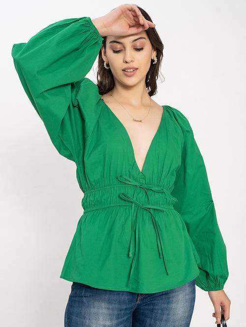 women solid puff sleeves peplum top - 21899014 - Standard Image - 0