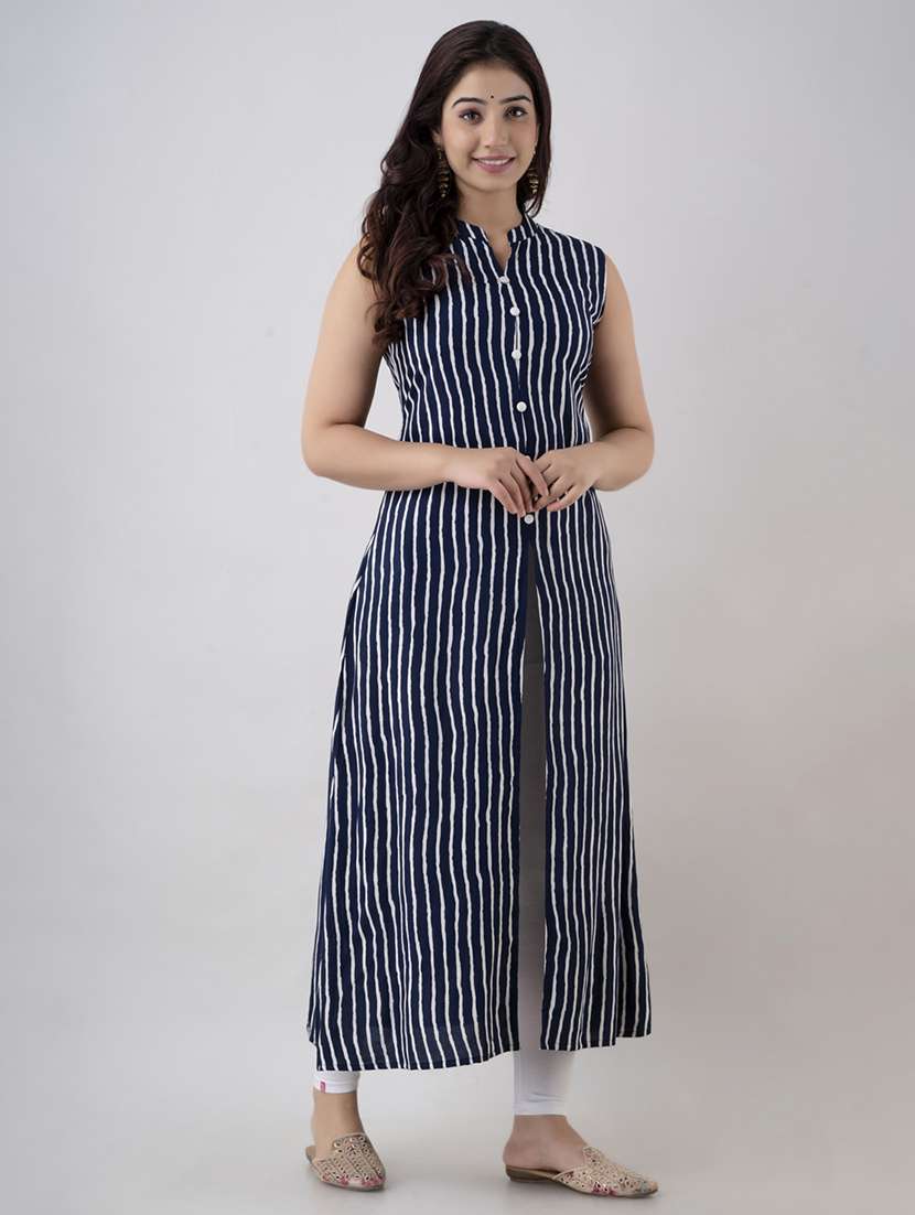 women blue striped sleeveless front slit kurta
