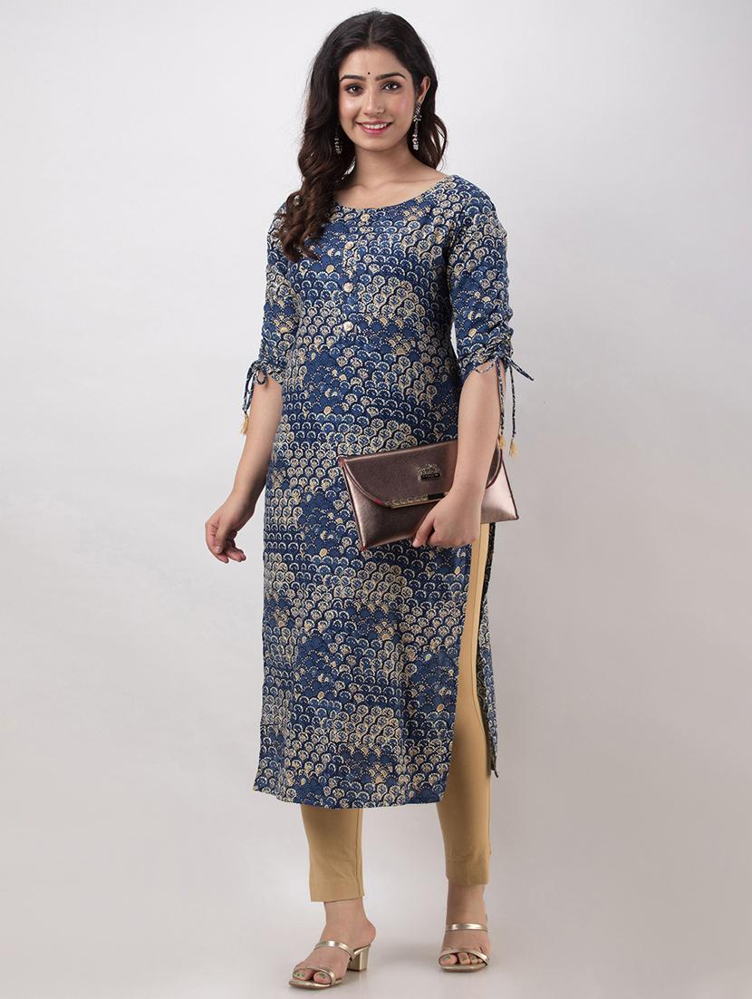 women blue three quarter sleeve straight kurta - 21899036 -  Zoom Image - 0