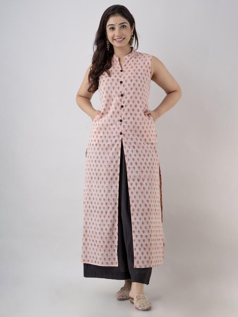 women peach printed sleeveless front slit kurta - 21899037 - Zoom Image - 0