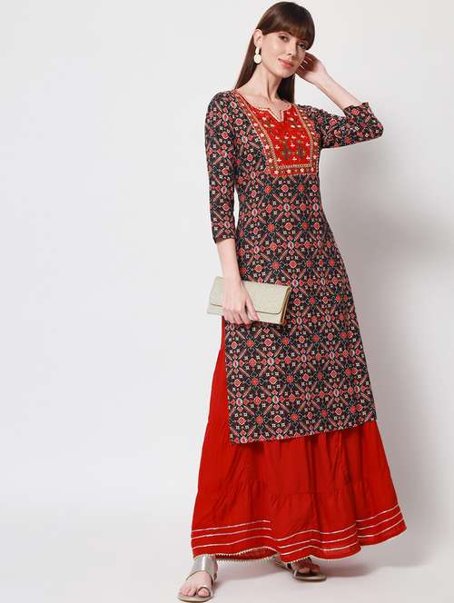 women black three quarter sleeve straight kurta - 21899038 - Standard Image - 0