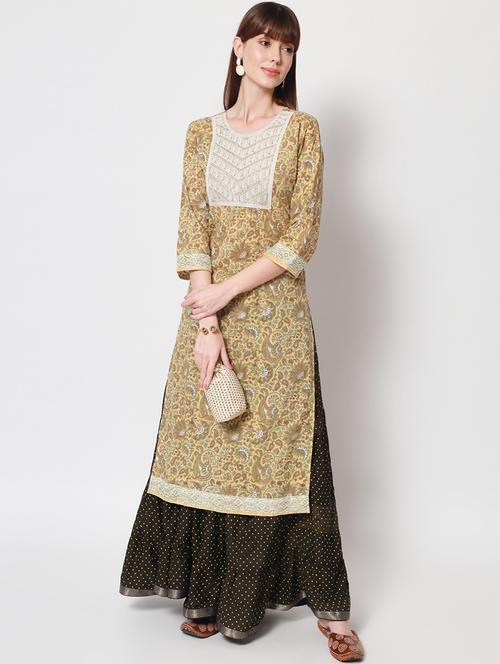 women yellow three quarter sleeve straight kurta - 21899041 -  Standard Image - 0