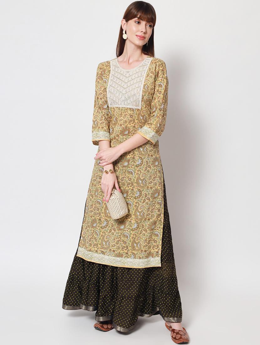 women yellow three quarter sleeve straight kurta - 21899041 -  Zoom Image - 0