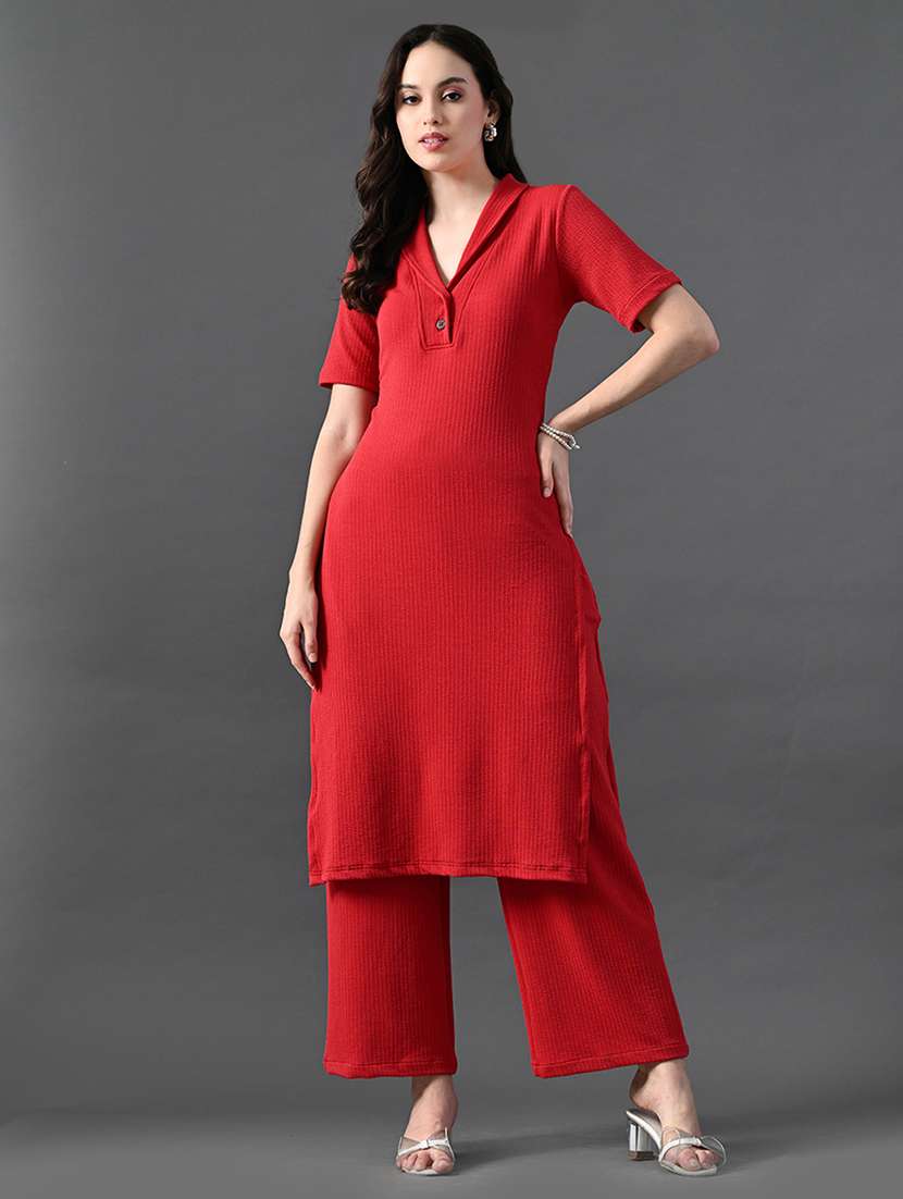 women solid short sleeves kurta and pant set