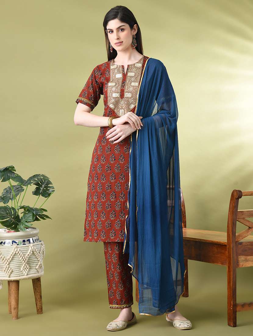 women printed short sleeves kurta pant with dupatta 