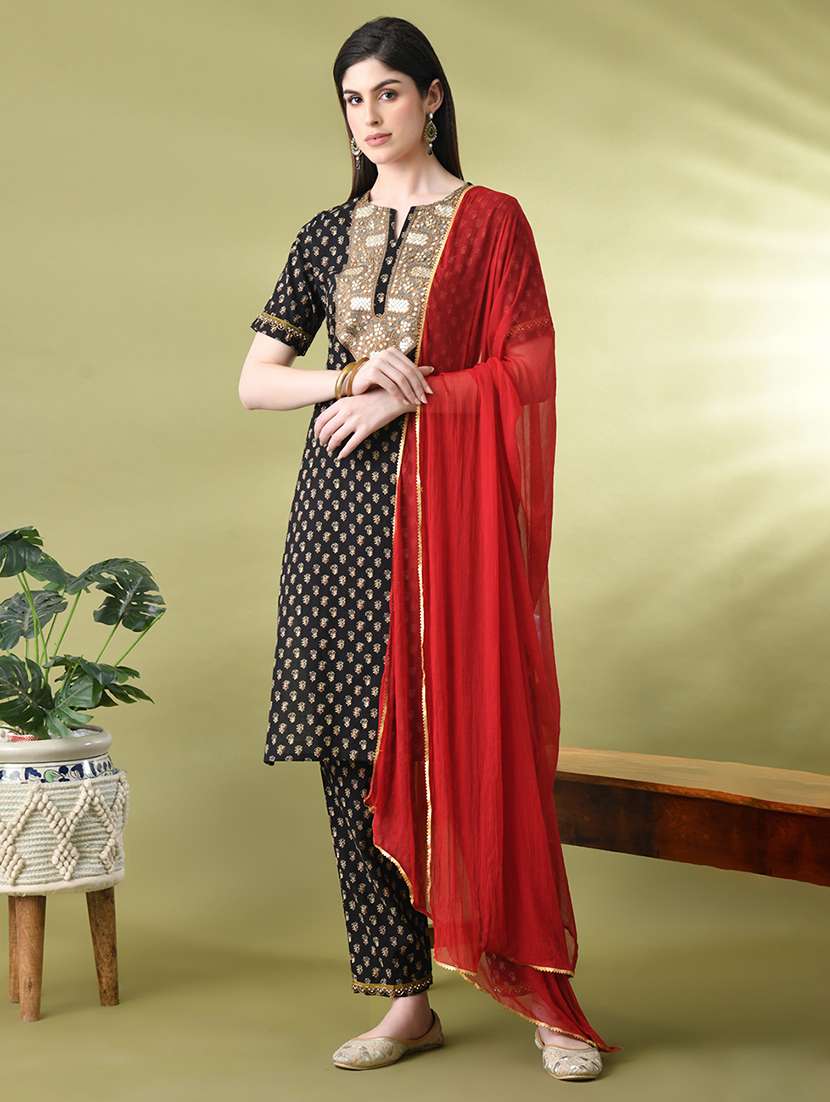 women printed short sleeves kurta pant with dupatta 