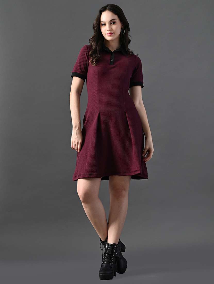 women solid short sleeves collared a-line dress - 21899159 - Standard Image - 1