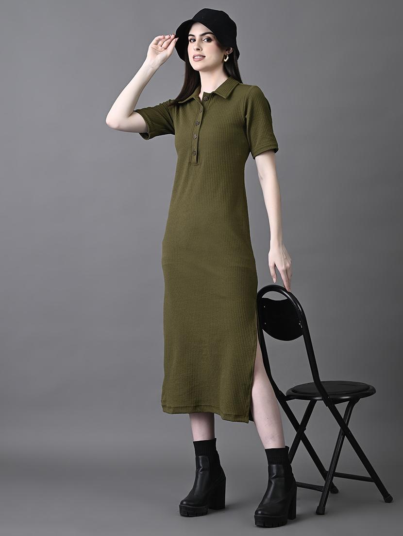women solid collared sheath dress