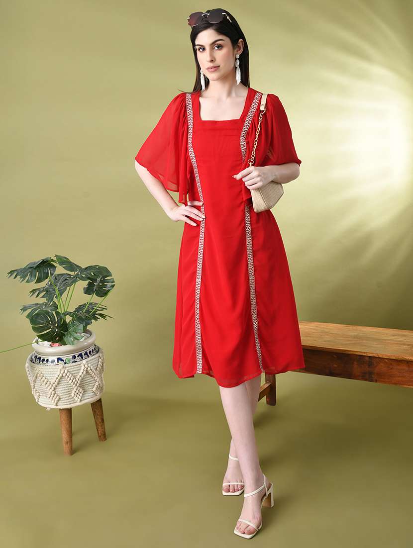 women solid lace detailed batwing sleeves a-line dress