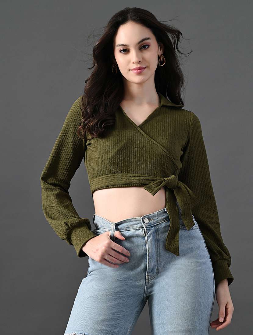 women solid long sleeves mock wrap top