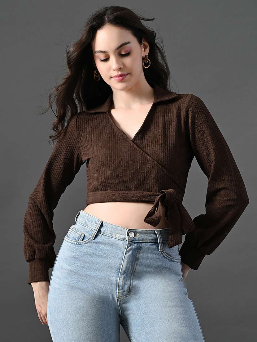 women solid long sleeves mock wrap top