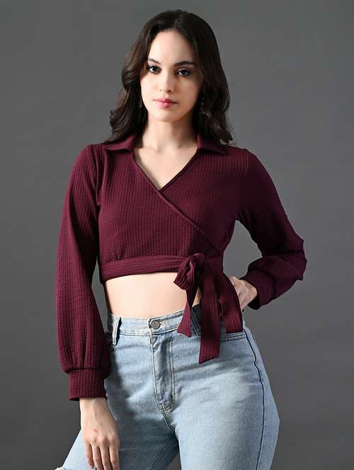 women solid long sleeves mock wrap top - 21899172 -  Standard Image - 0