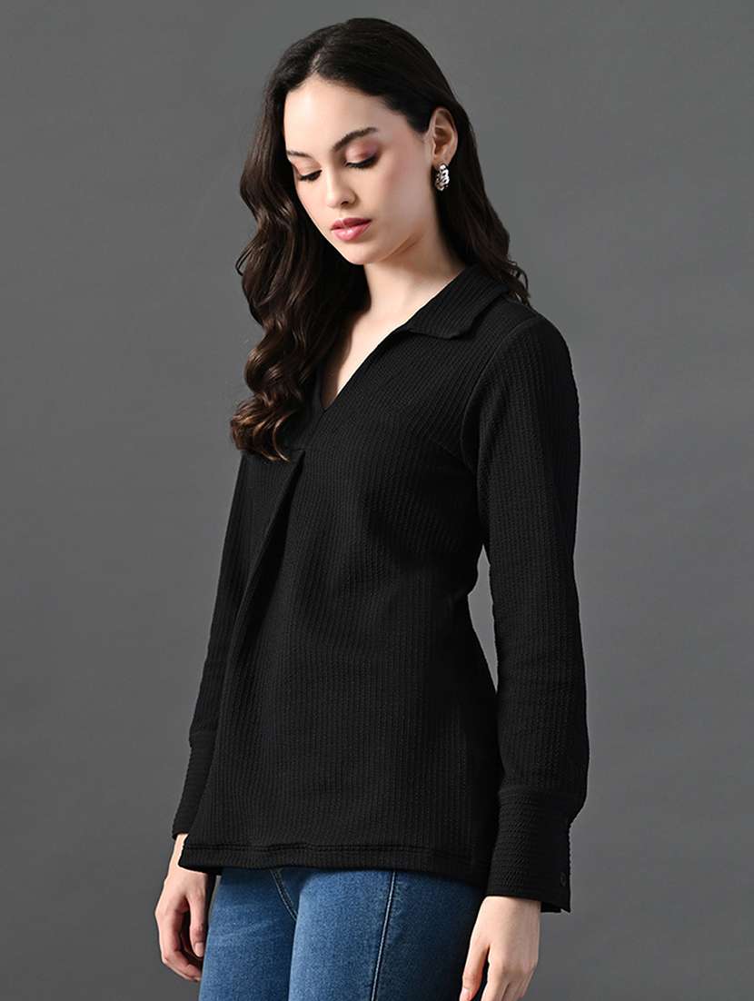 women solid collared long sleeves top - 21899178 - Standard Image - 1