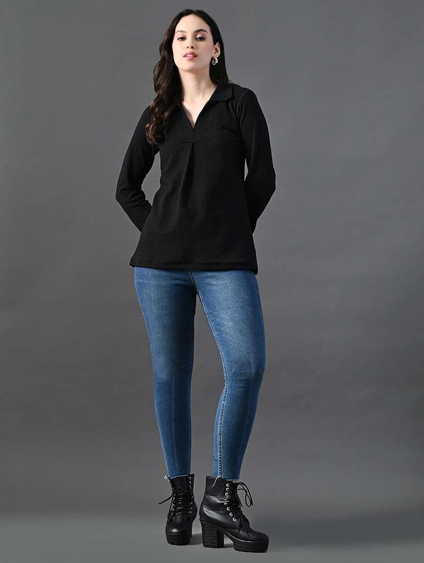 women solid collared long sleeves top - 21899178 - Standard Image - 4