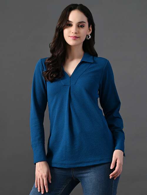 women solid collared long sleeves top - 21899180 -  Standard Image - 0