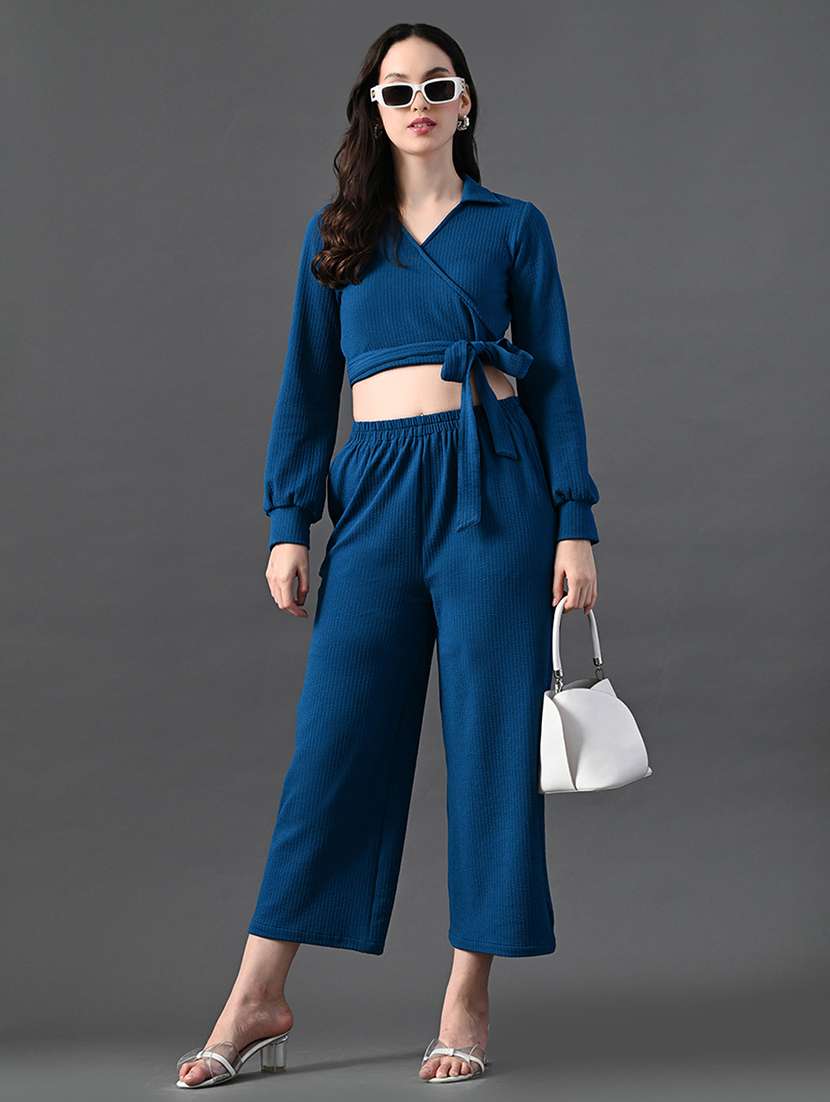 women solid wrap top and trouser co-ord set