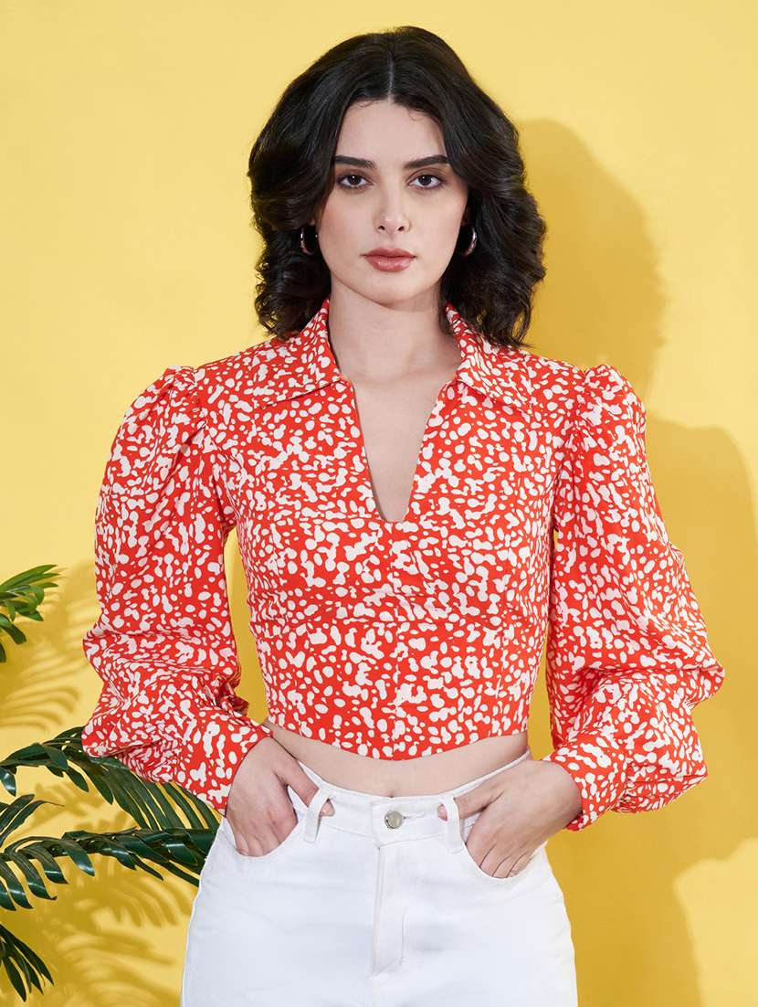 women flotral print puff sleeves crop top