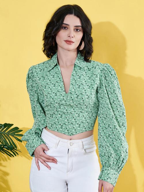 women flotral print puff sleeves crop top - 21899225 -  Standard Image - 0