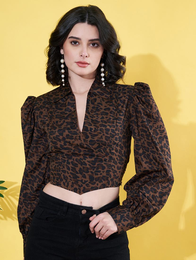 women animal printed puff sleeves crop top - 21899226 - Zoom Image - 0