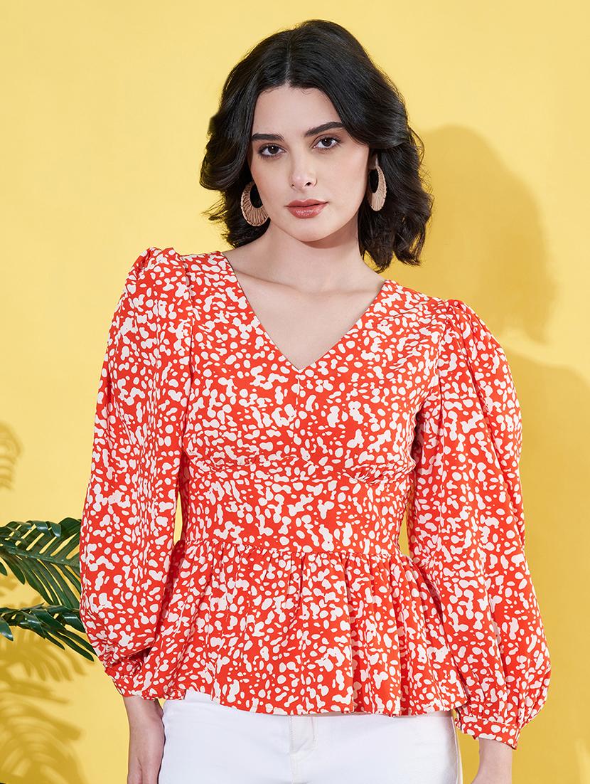 women animal printed puff sleeves peplum top - 21899227 -  Zoom Image - 0