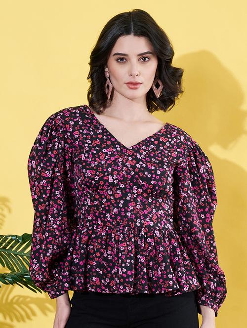 women floral printed puff sleeves peplum top - 21899229 - Standard Image - 0