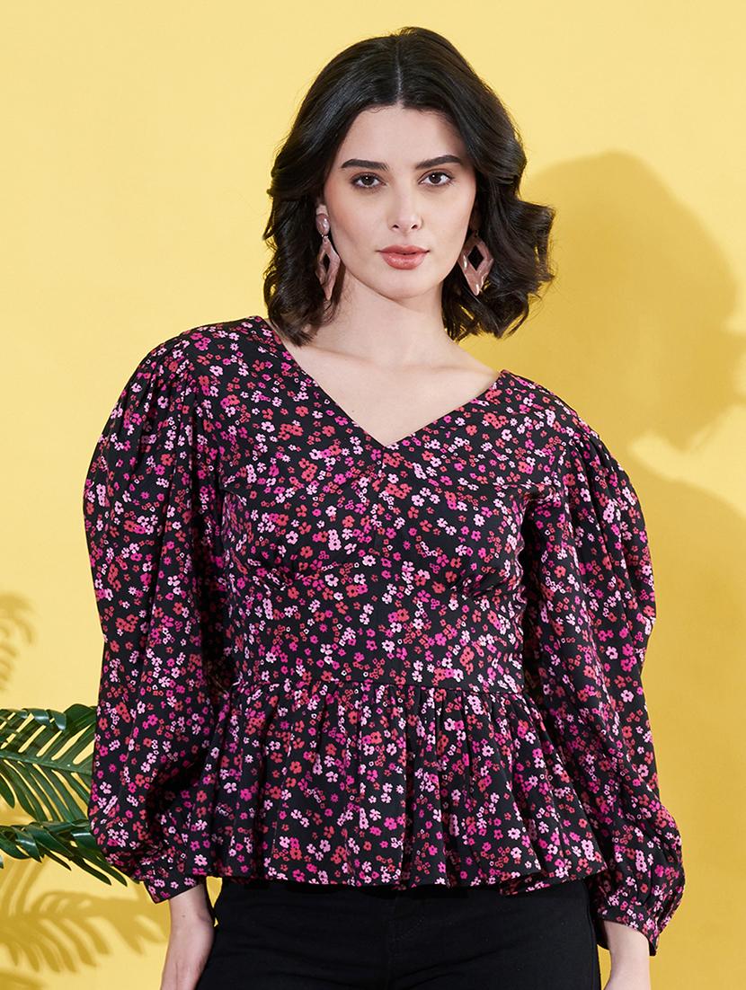 women floral printed puff sleeves peplum top - 21899229 - Zoom Image - 0
